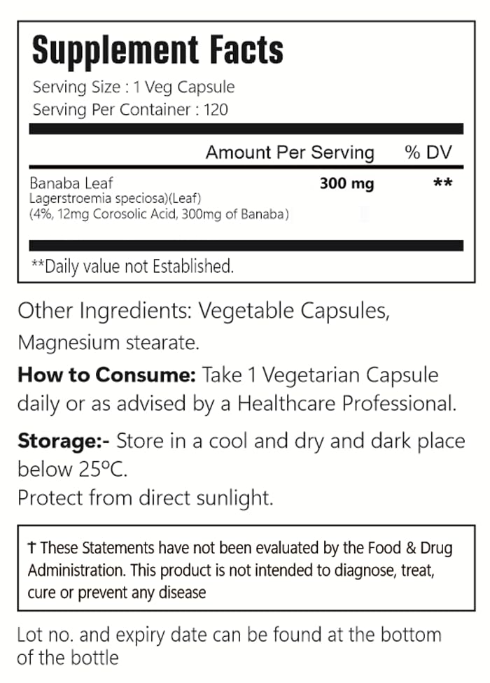 VitaCosmoX Banaba Leaf Extract 300mg Capsules, 120 Count