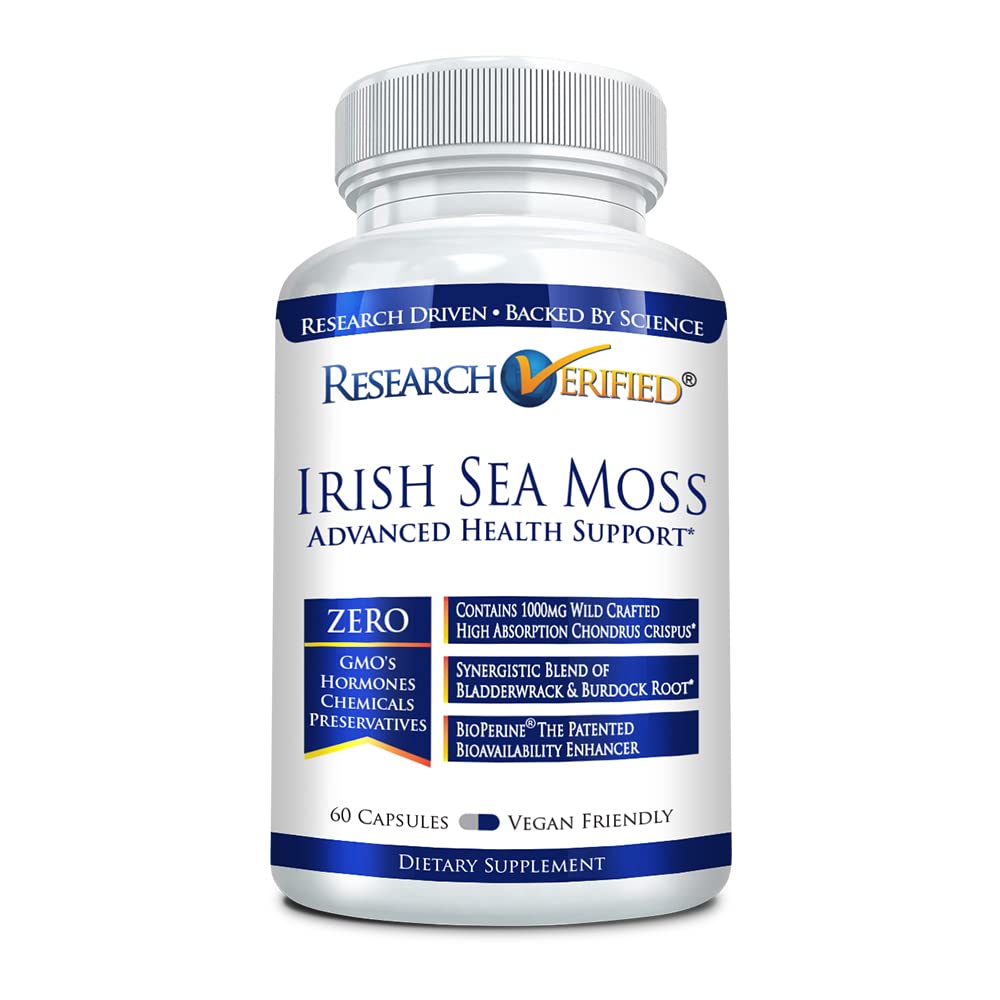 Research Verified Irish Sea Moss with Bladderwrack, Burdock & BioPerine, 60 Capsules