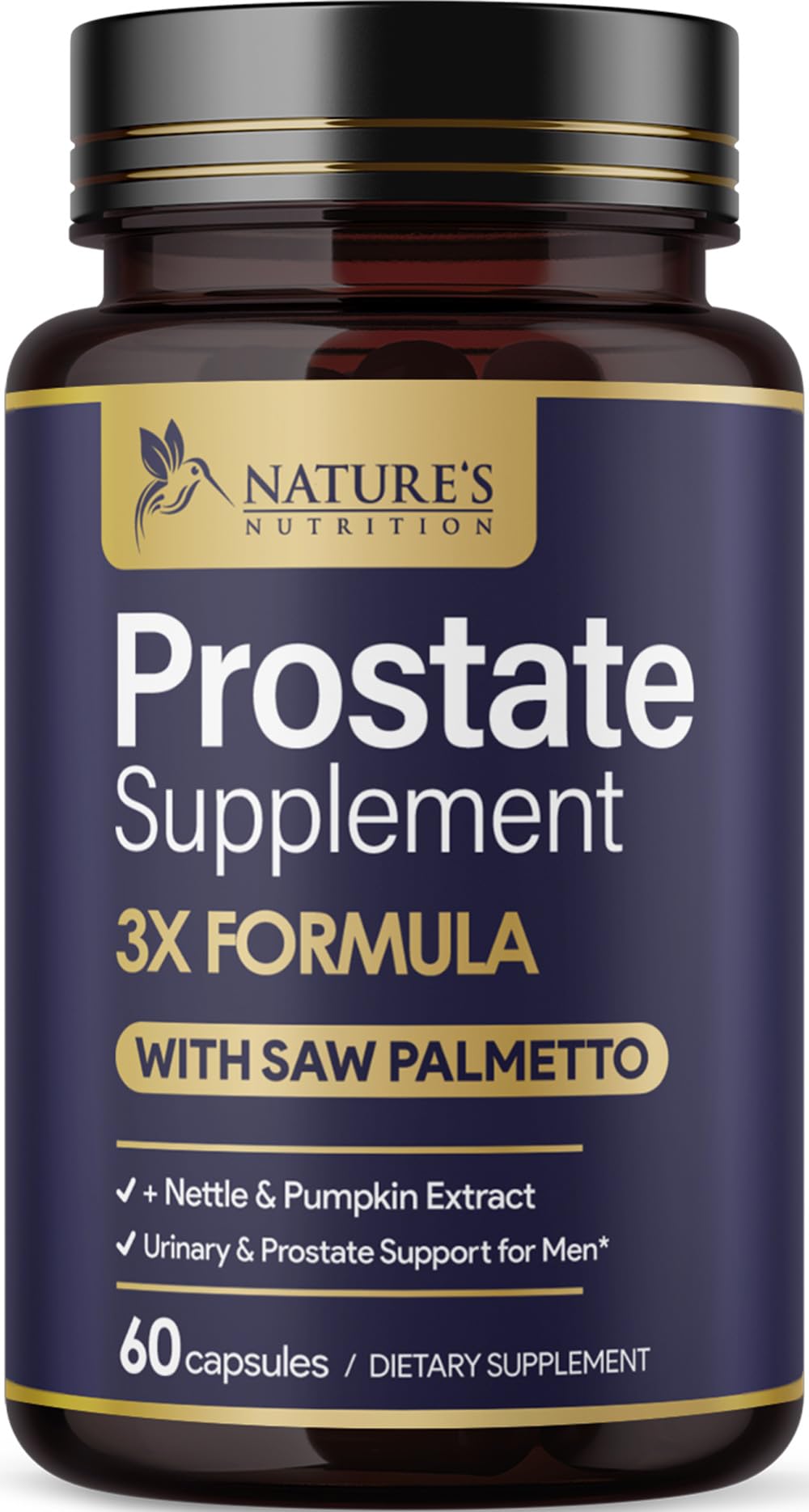 Nature's Nutrition Prostate Health Supplements for Men, 3X Strength Saw Palmetto Blend with Stinging Nettle Root & Pumpkin Seed, Capsules, 60 Count