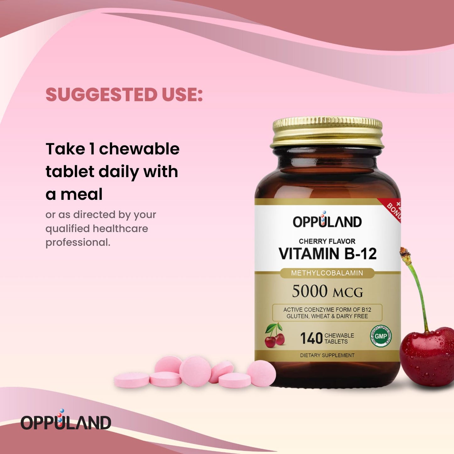 oppuland Methyl B-12 5000mcg Chewable with Folate - Vitamin B12 Methylcobalamin Sublingual Tablets - Supports Energy & Brain Function - Vegan Supplement - Cherry Flavor - 140 Count