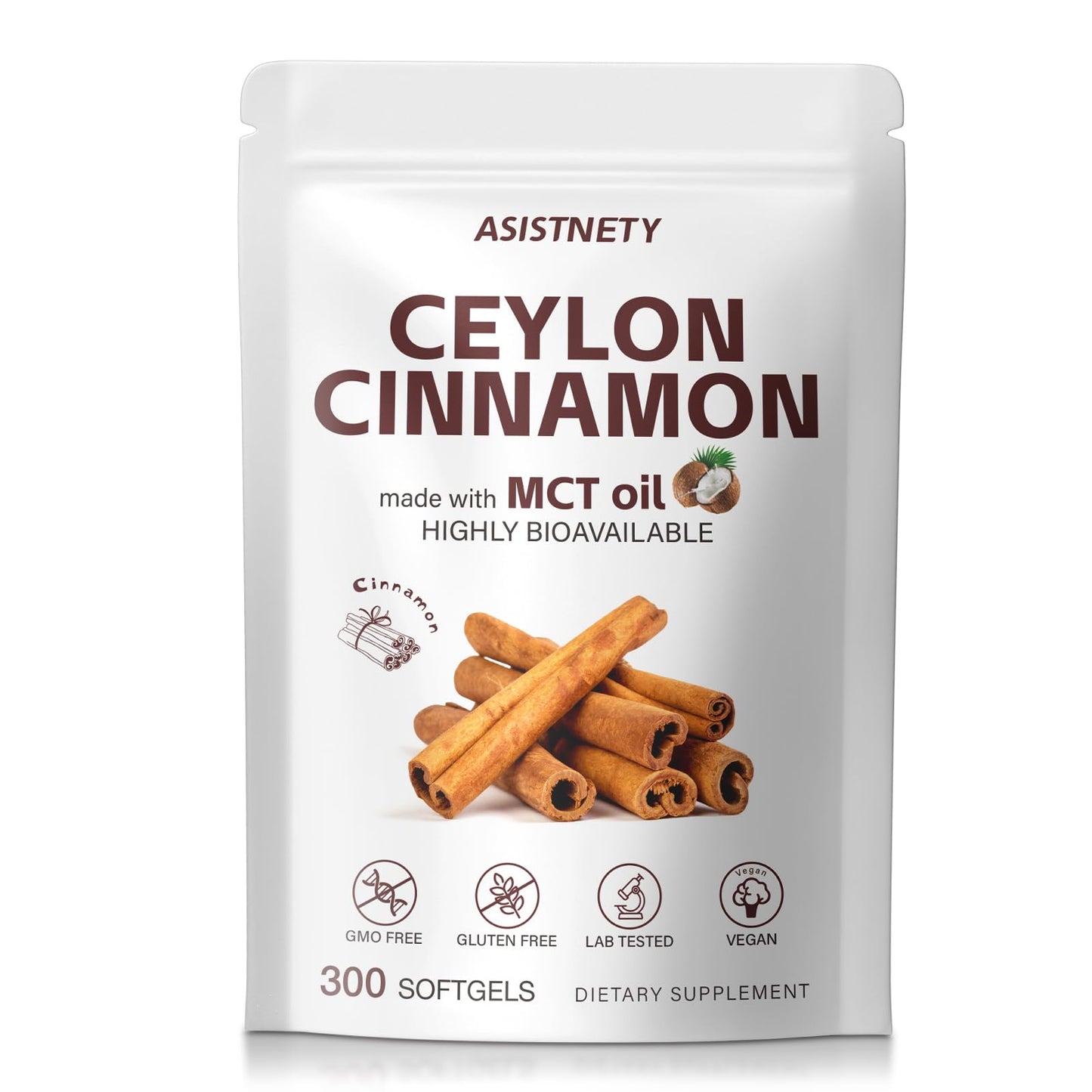 ASISTNETY True Ceylon Cinnamon Softgels with MCT Oil, 600mg + Berberine, Ginger & Black Pepper, Advanced Extraction for Rich Nutrition, Gentle on Stomach, Non-GMO, 300 Count