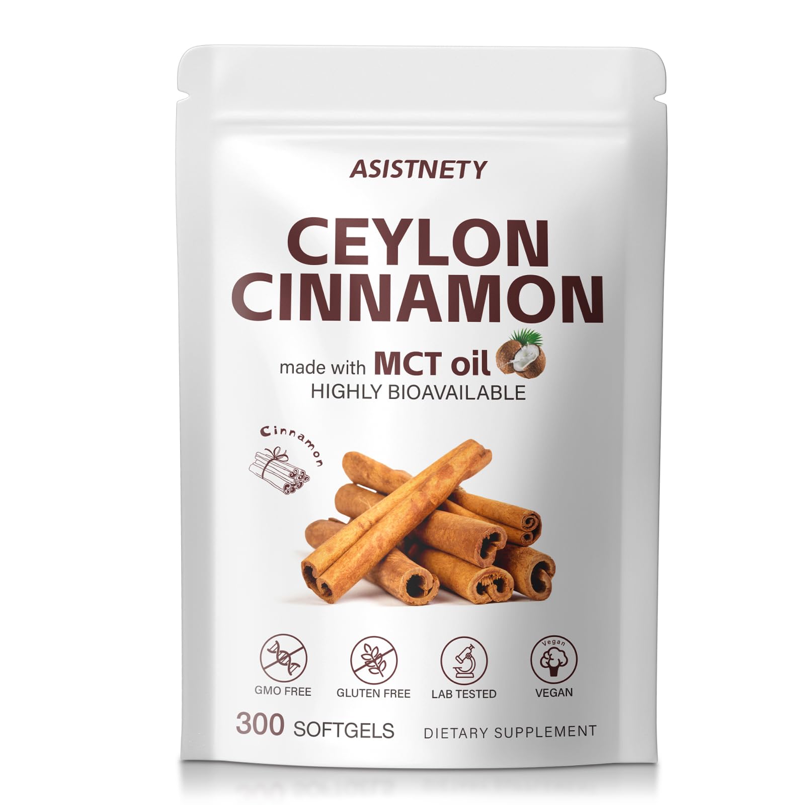 ASISTNETY True Ceylon Cinnamon Softgels with MCT Oil, 600mg + Berberine, Ginger & Black Pepper, Advanced Extraction for Rich Nutrition, Gentle on Stomach, Non-GMO, 300 Count