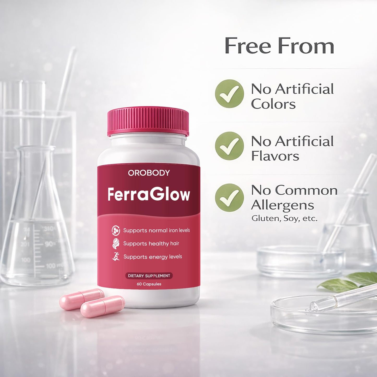 FERRAGLOW Daily Iron Gummy Supplement for Women with Iron Bisglycinate, Lactoferrin, Vitamin C & B12, Supports Energy and Hair & Skin Wellness, 60 Gummies