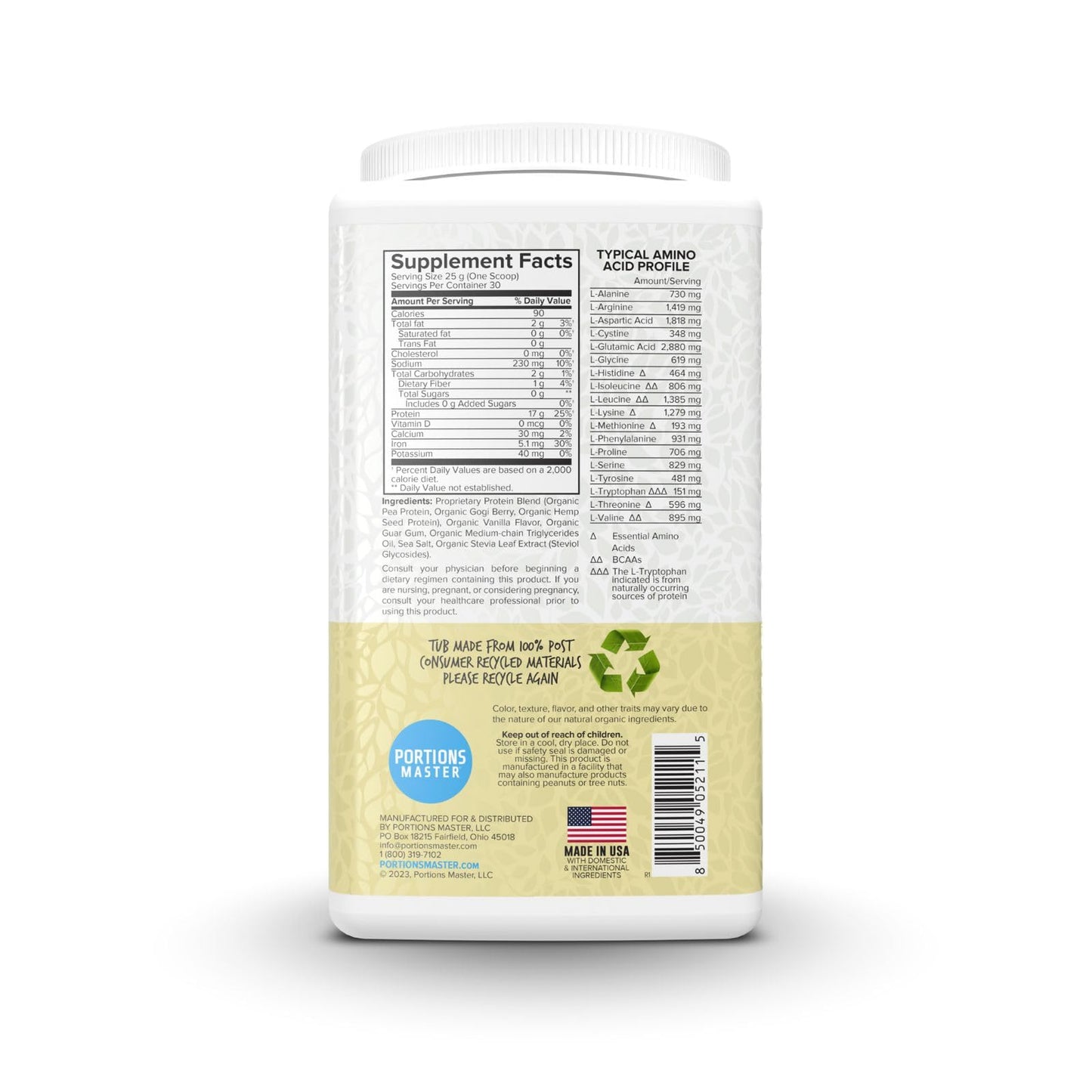 Portions Master Vegan Protein Blend Pea Hemp Goji + MCT Vanilla Powder, 26.4 Servings