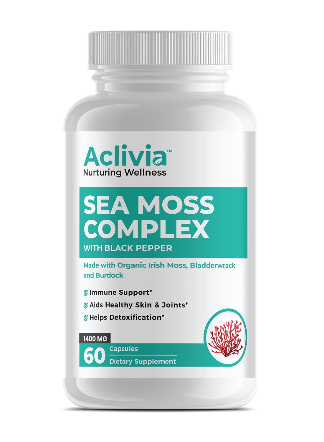 Aclivia Organic Irish Sea Moss Capsules with Bladderwrack & Burdock Root, 102 Minerals Sea Moss Supplement, Thyroid Support, Immune Boost, Non-GMO, 60 Capsules