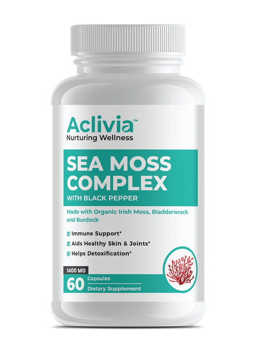 Aclivia Organic Irish Sea Moss Capsules with Bladderwrack & Burdock Root - 102 Minerals Sea Moss Supplement - Thyroid Support, Immune Boost - Non-GMO, 60 Capsules
