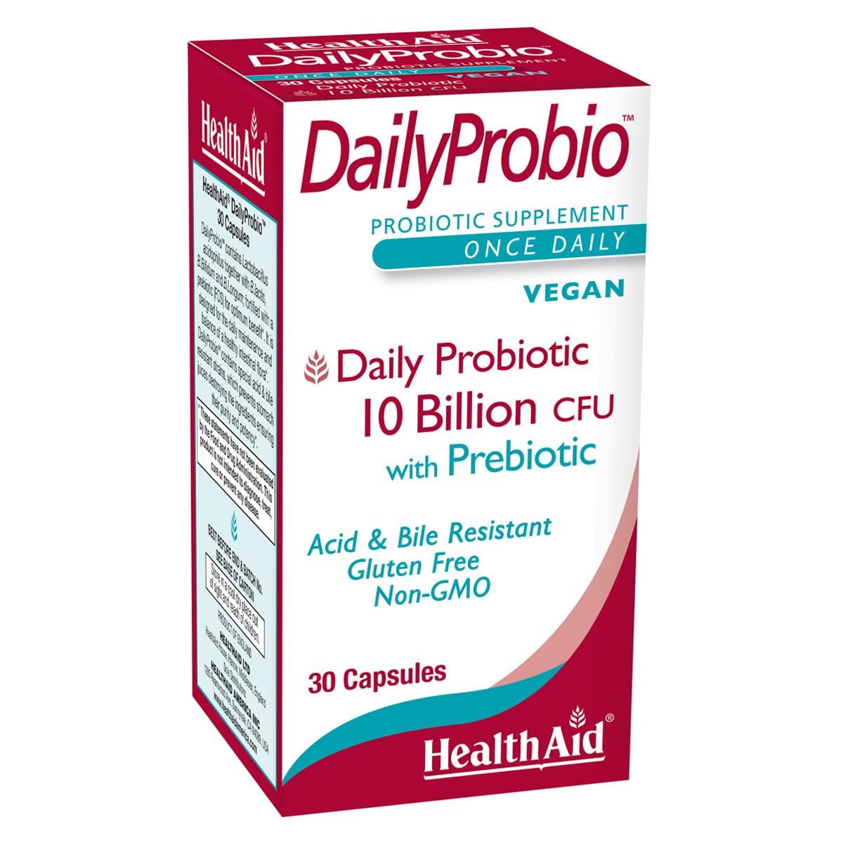 HealthAid DailyProbio Daily Probiotic for Gut Balance 10 Billion CFU with Prebiotic, 10 Strains, Once Daily, Vegan, Shelf-Stable, Non-GMO, 30 Capsules