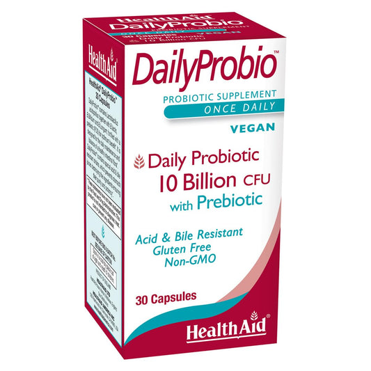 HealthAid DailyProbio Daily Probiotic for Gut Balance 10 Billion CFU with Prebiotic, 10 Strains, Once Daily, Vegan, Shelf-Stable, Non-GMO, 30 Capsules