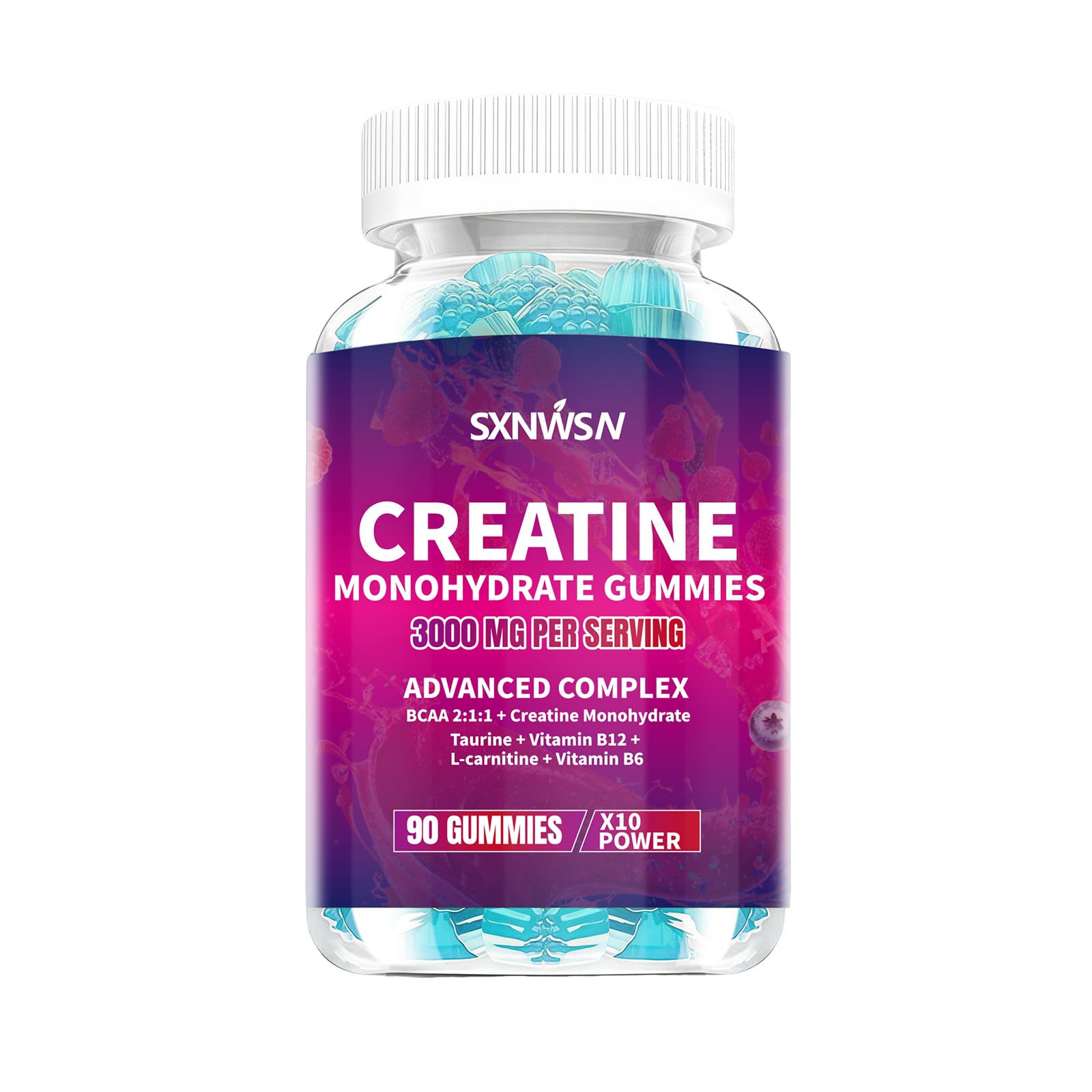 SXNWSN Creatine Monohydrate Gummies, Advanced Complex with BCAA, L-Carnitine, Taurine, B Vitamins, 3000mg per Serving, 90 Count, Blueberry Flavored