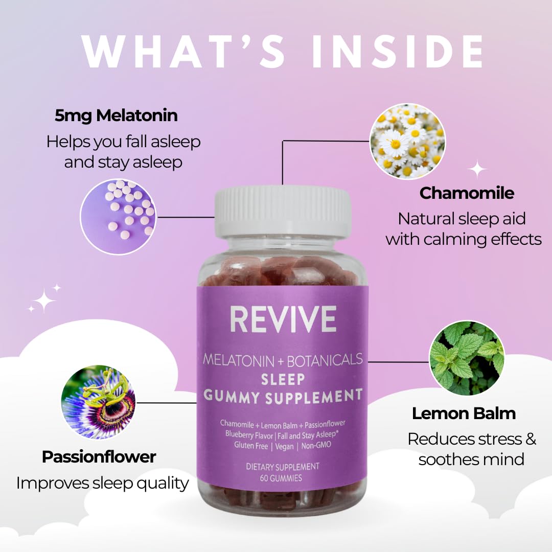 REVIVEEO Melatonin & Botanicals Sleep Gummy Supplement Chewable, 60 Count