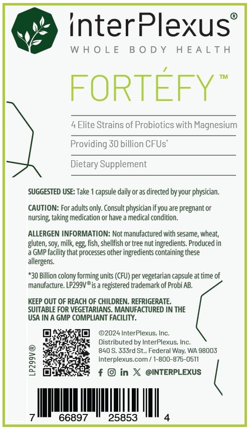 InterPlexus Fortéfy Probiotic Capsule 30 Billion CFU per Capsule with Magnesium, Gluten Free, Dairy Free, Soy Free, 45 Capsules