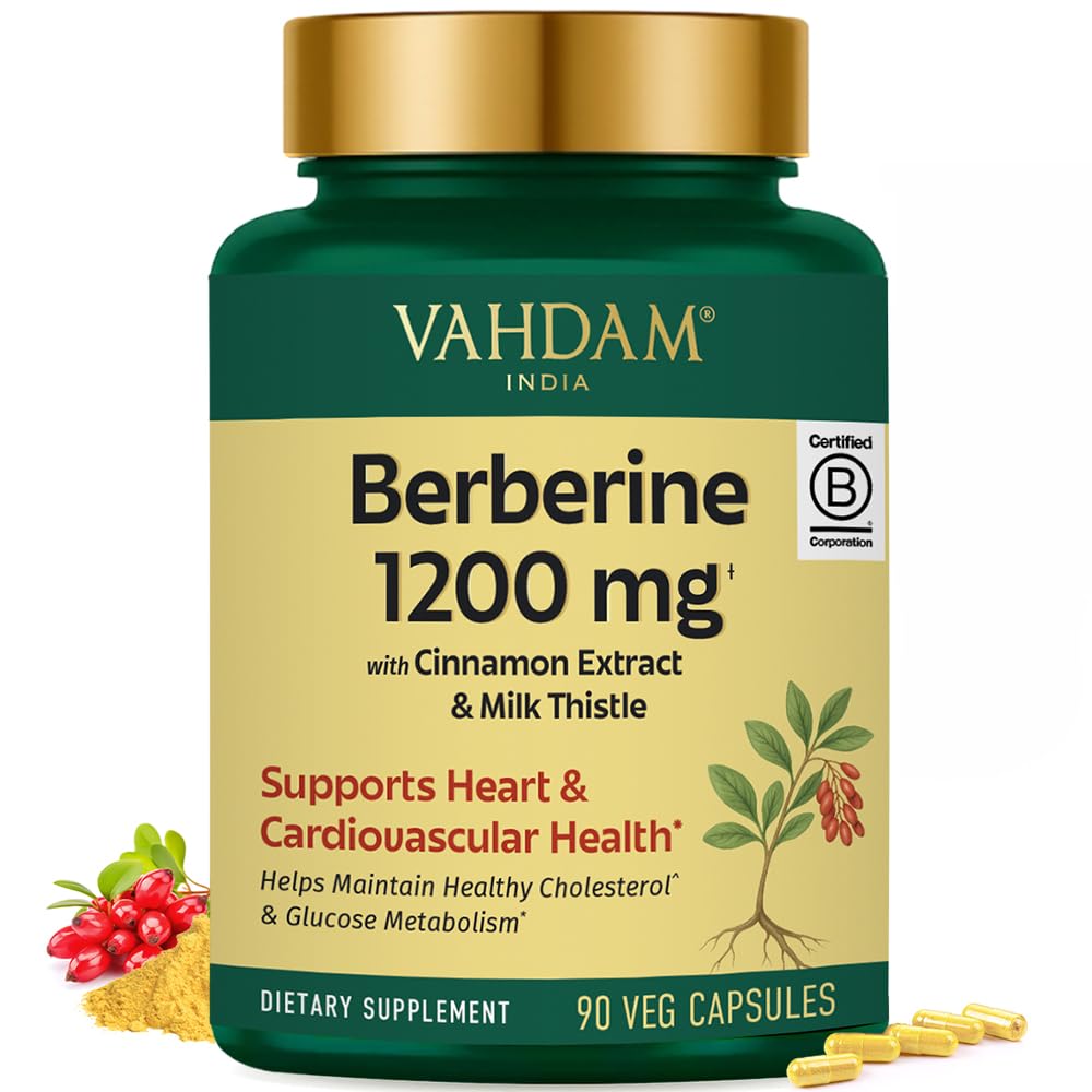 VAHDAM Berberine 97% HCL 1200mg Extract with Cinnamon and Milk Thistle Capsules, 90 Count