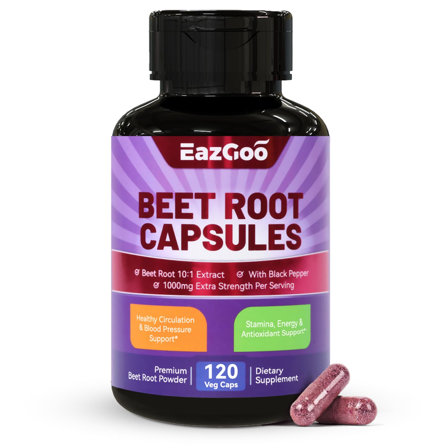 EAZGOO Beet Root Capsules 1000mg Per Serving, Supports Nitric Oxide Production & Blood Pressure, with Black Pepper Extract, Non-GMO, Gluten Free, Vegan, 120 Capsules