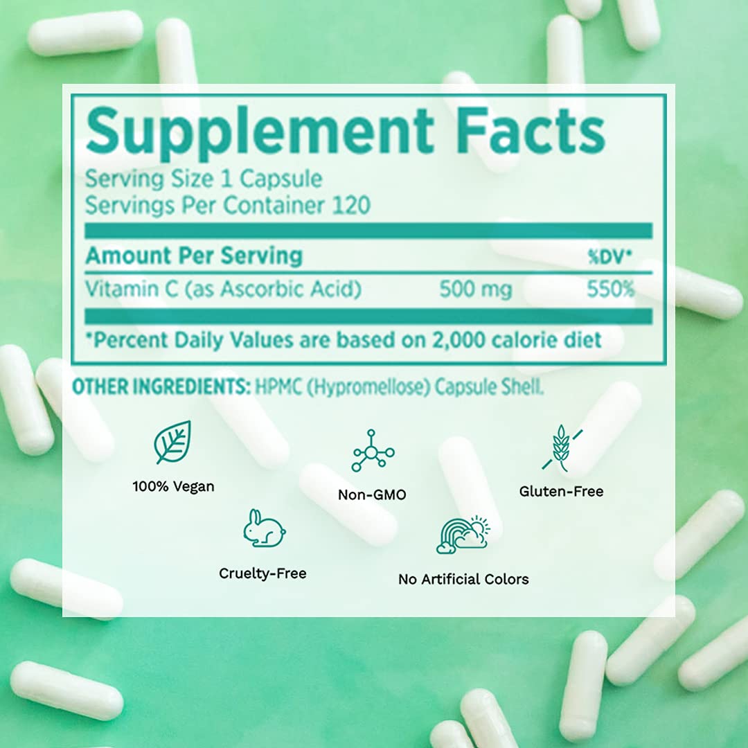 Vegan Life Nutrition Pure Vitamin C Supplement Capsule Gluten-Free, Non-GMO Immune Support and White Blood Cell Health 120 Capsules
