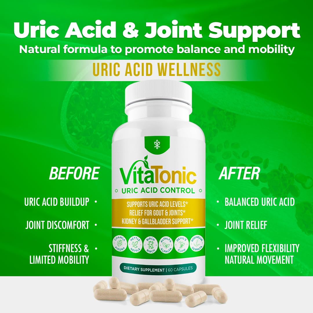 AURA VITAMINS Vitatonic Uric Acid Balancing Aid for Both Genders – Herbal Joint Care Detox Solution, Enhance Mobility Capsules, 60 Count