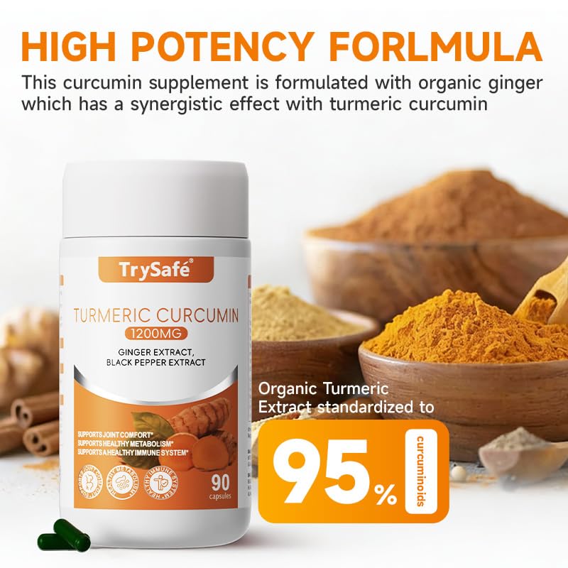 TrySafe Turmeric Curcumin Capsule 3-in-1 with Ginger & Black Pepper Extract, 1200mg, 90 Count