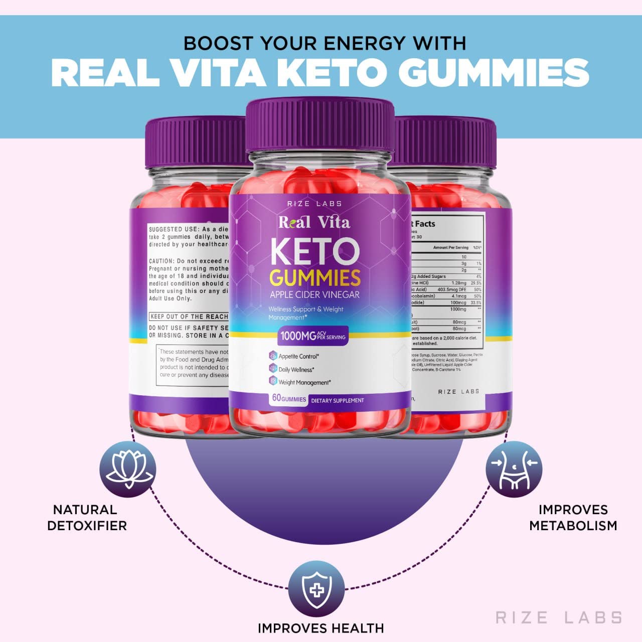 Rize Labs Real Vita Keto ACV Gummies for Weight Loss Management Support, Apple Cider Vinegar Gummies, 120 Gummies
