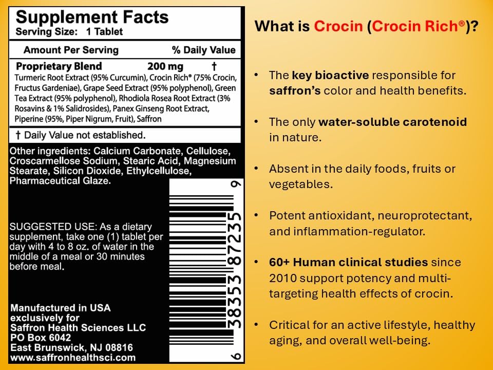 Saffron Health Sciences Crocin Rich Plus Nootropic with High-Potency Crocin, 60 Tablets