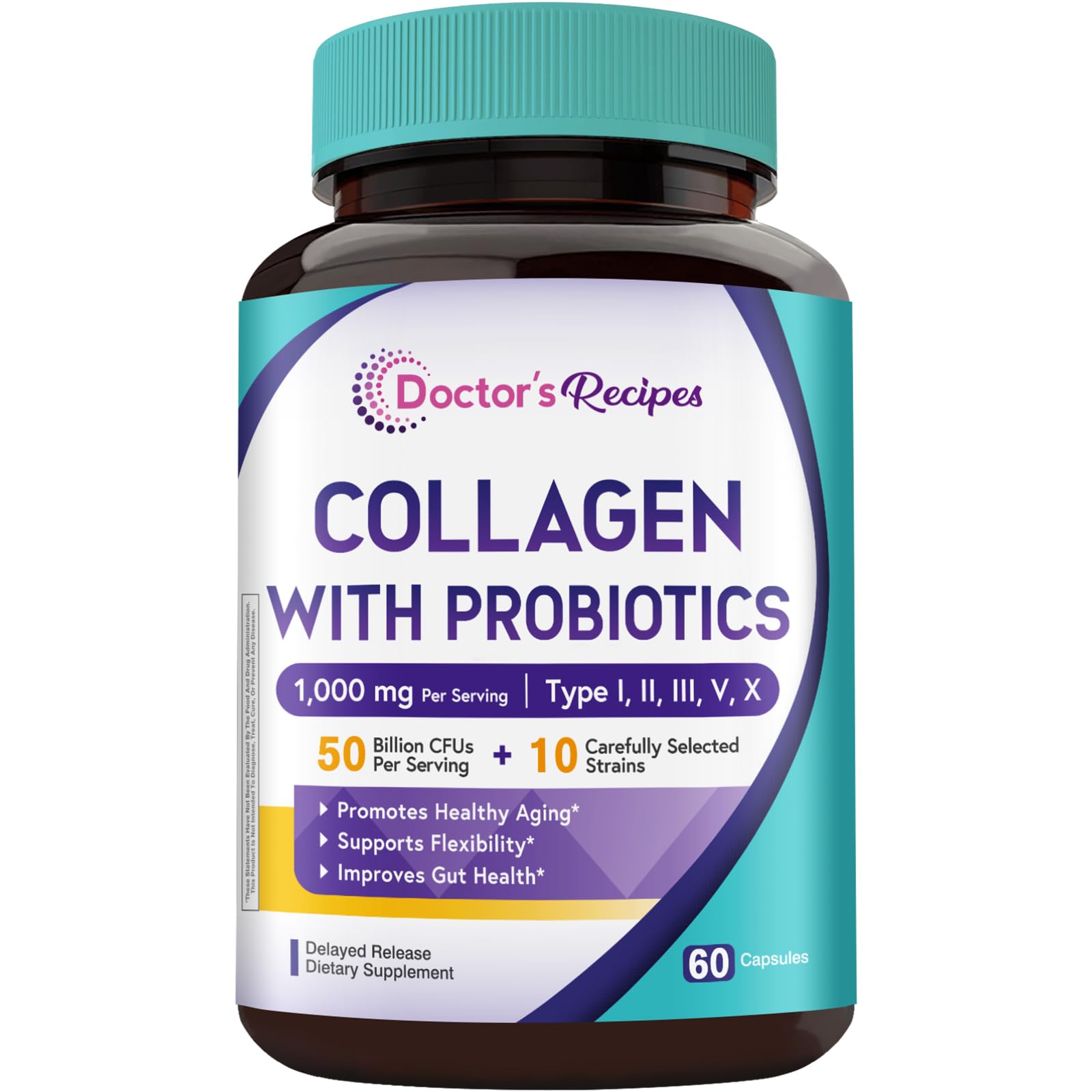 Doctor's Recipes Collagen with Probiotics, Type I, II, III, V, X, 1000mg, 50 Billion CFUs Per Serving, 10 Strains, Beauty, Flexibility, Healthy Aging, Gut, 60 Capsules