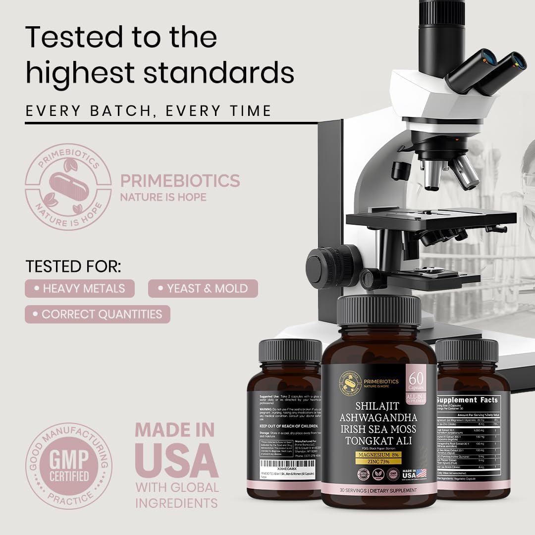 PrimeBiotics All-in-1 Shilajit Supplement with Ashwagandha, Irish Sea Moss, Tongkat Ali, Black Pepper Extract, Boron, Magnesium and Zinc for Men & Women, Capsules, 60 count