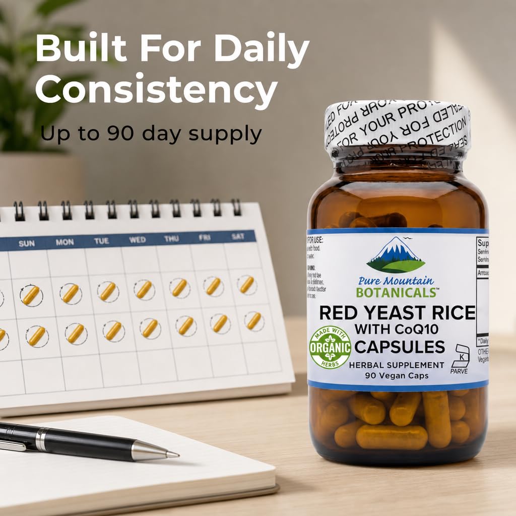 Pure Mountain Botanicals Red Yeast Rice with CoQ10, 600mg per Capsule + 30mg CoQ10, Vegan Capsules, 90 Count