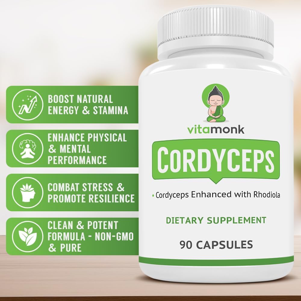 VitaMonk Cordyceps Mushroom Capsules with Rhodiola for Energy Support 90 Count