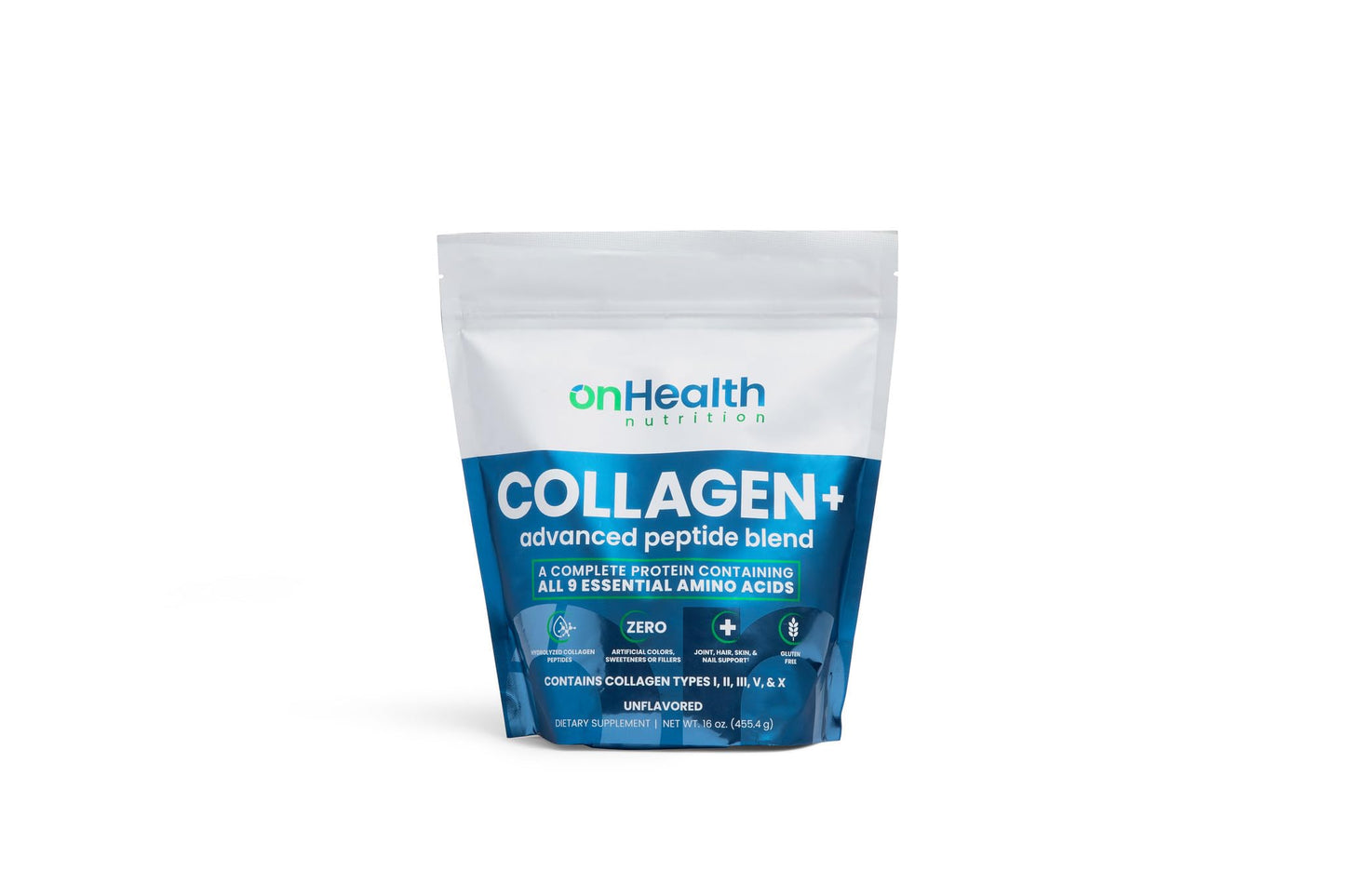 onHealth Nutrition Multi Collagen Peptide Powder (Types I, II, III, V & X) with All 9 Essential Amino Acids, Biotin, Hyaluronic Acid & Vitamin C, Unflavored, 16 oz