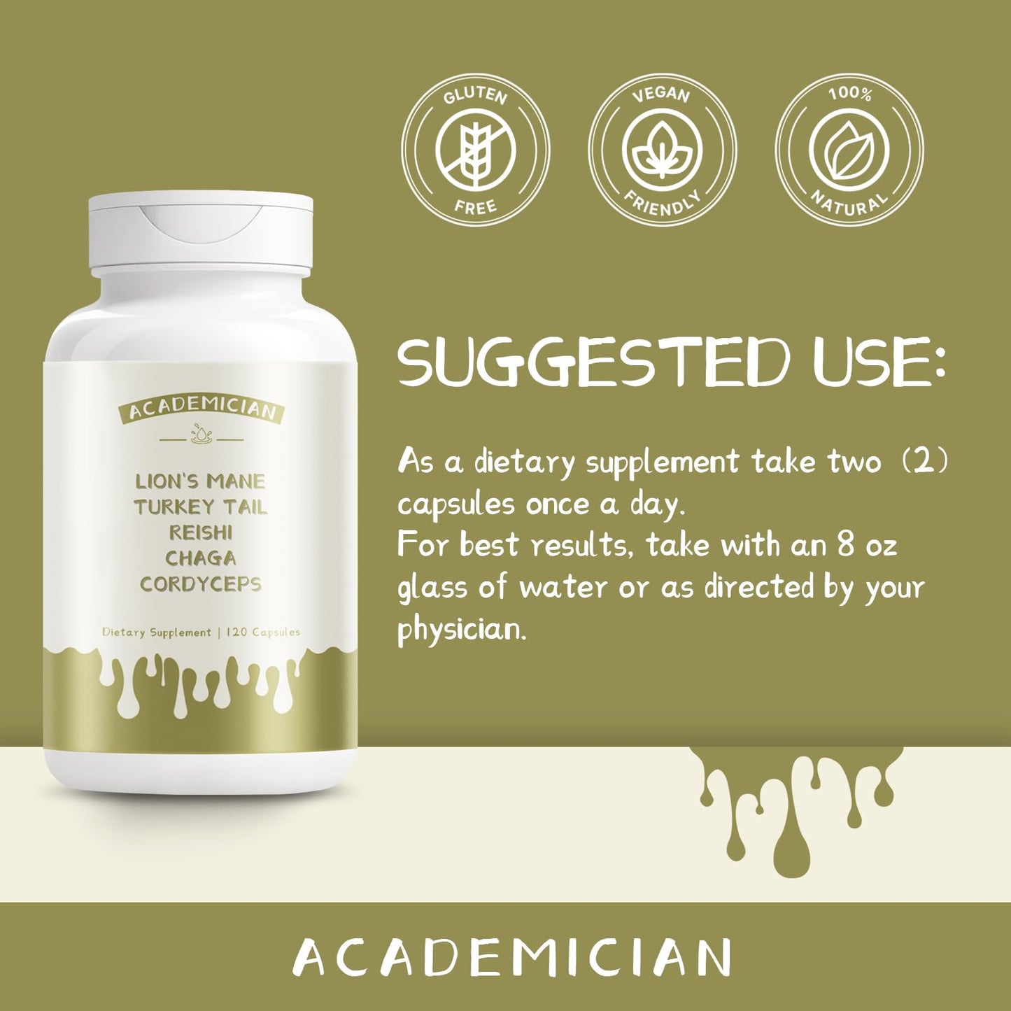 ACADEMICIAN Lion's Mane Mushroom Turkey Tail Reishi Chaga Cordyceps Capsule - 120 Count