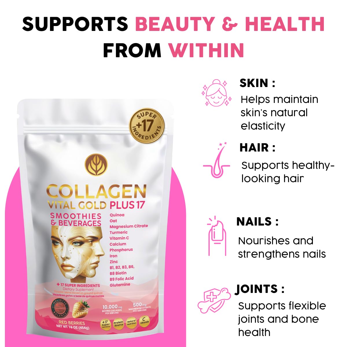 Gold Vital Life Collagen Peptides Powder - Hydrolyzed Collagen with +17 Super Ingredients, Red Berries Flavor, 1 lb, 16 Servings