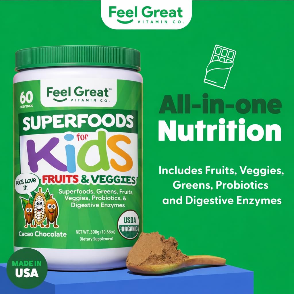 The Feel Great Vitamin Company Feel Great USDA Organic Super Greens Powder for Kids - Cocao Chocolate, 10.6 oz