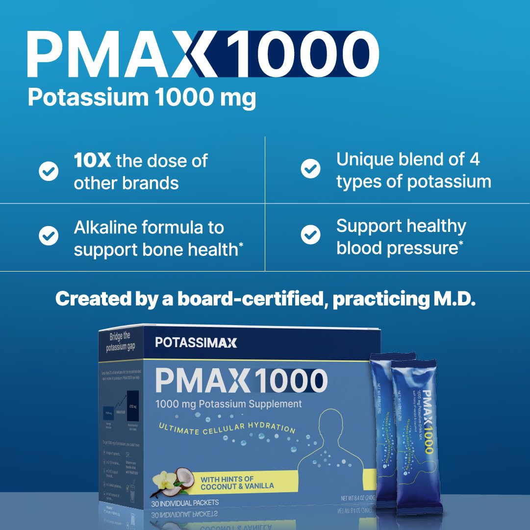 PotassiMax PMAX1000 High Dose Pure Potassium Electrolyte Supplement Powder Pack of 30