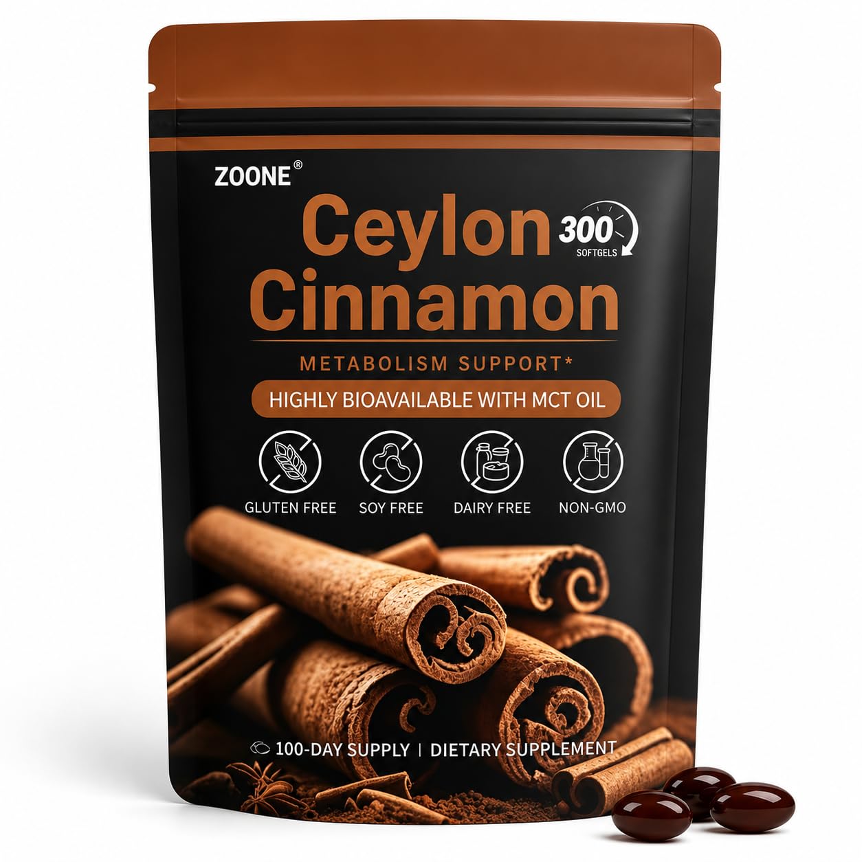 Zoone Ceylon Cinnamon Softgels with MCT Oil, Herbal Extract, 300 Softgels
