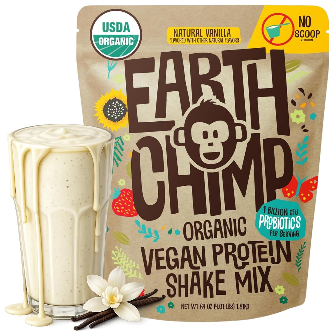 EarthChimp Organic Vegan Protein Powder with Probiotics - Vanilla, 64 oz, Non-GMO, Dairy Free, Gluten Free