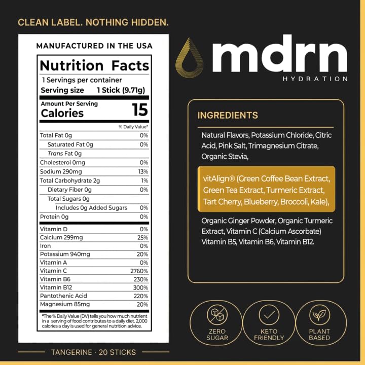 MDRN Hydration Zero Sugar Electrolytes with Pink Himalayan Salt Powder, Tangerine, 7-Count