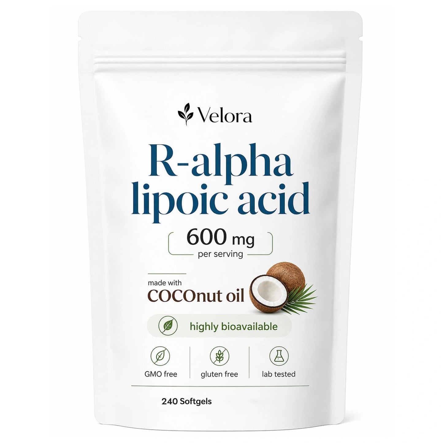 RESONA Velora R-Alpha Lipoic Acid with Coconut Oil Capsules 240 Count