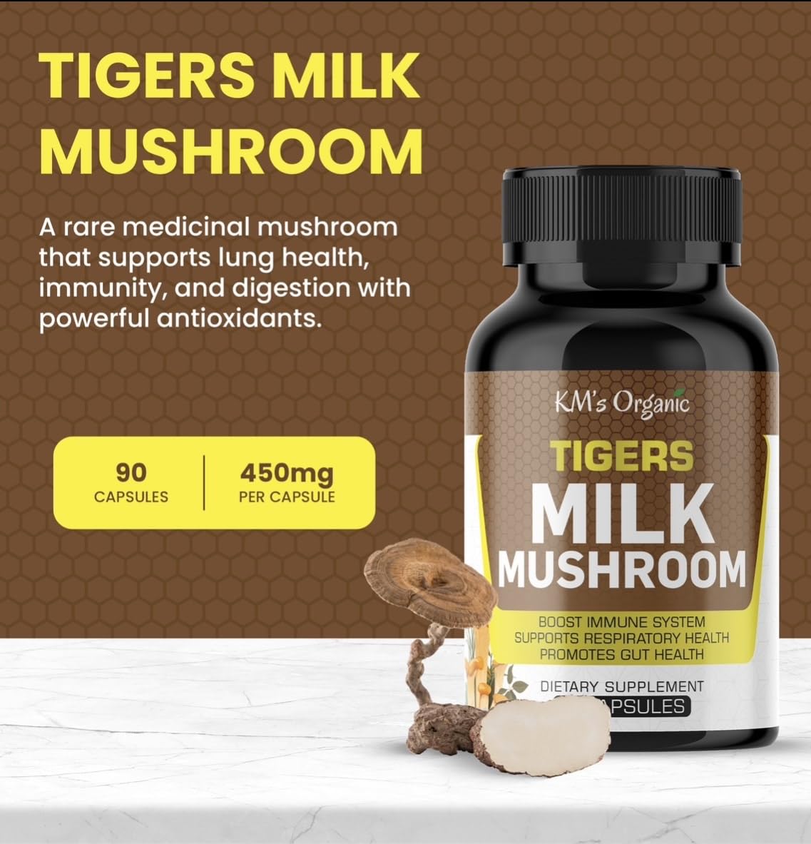 KM's Organic Tiger’s Milk Mushroom Supplement 10:1 Extract (Lignosus Rhinocerus) 90 Vegan Capsules
