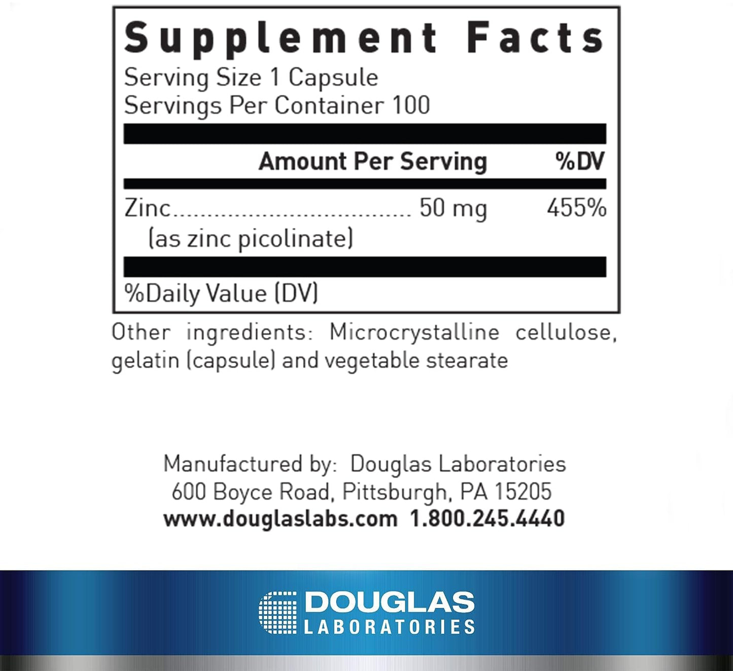 Douglas Laboratories Zinc Picolinate 50 mg Capsule, 100 Capsules