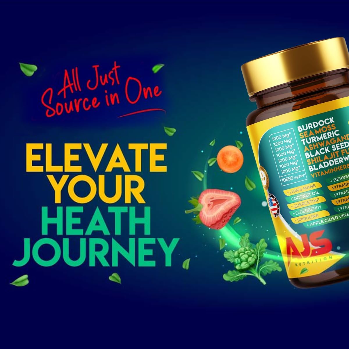 AJS Nutrition Sea Moss Capsules 3200mg, Himalayan Shilajit 1000mg with Black Seed Oil, Ashwagandha, Turmeric, Bladderwrack, Burdock, Vitamins, Berberine, Lion’s Mane Mushroom, Elderberry, 90 Capsules