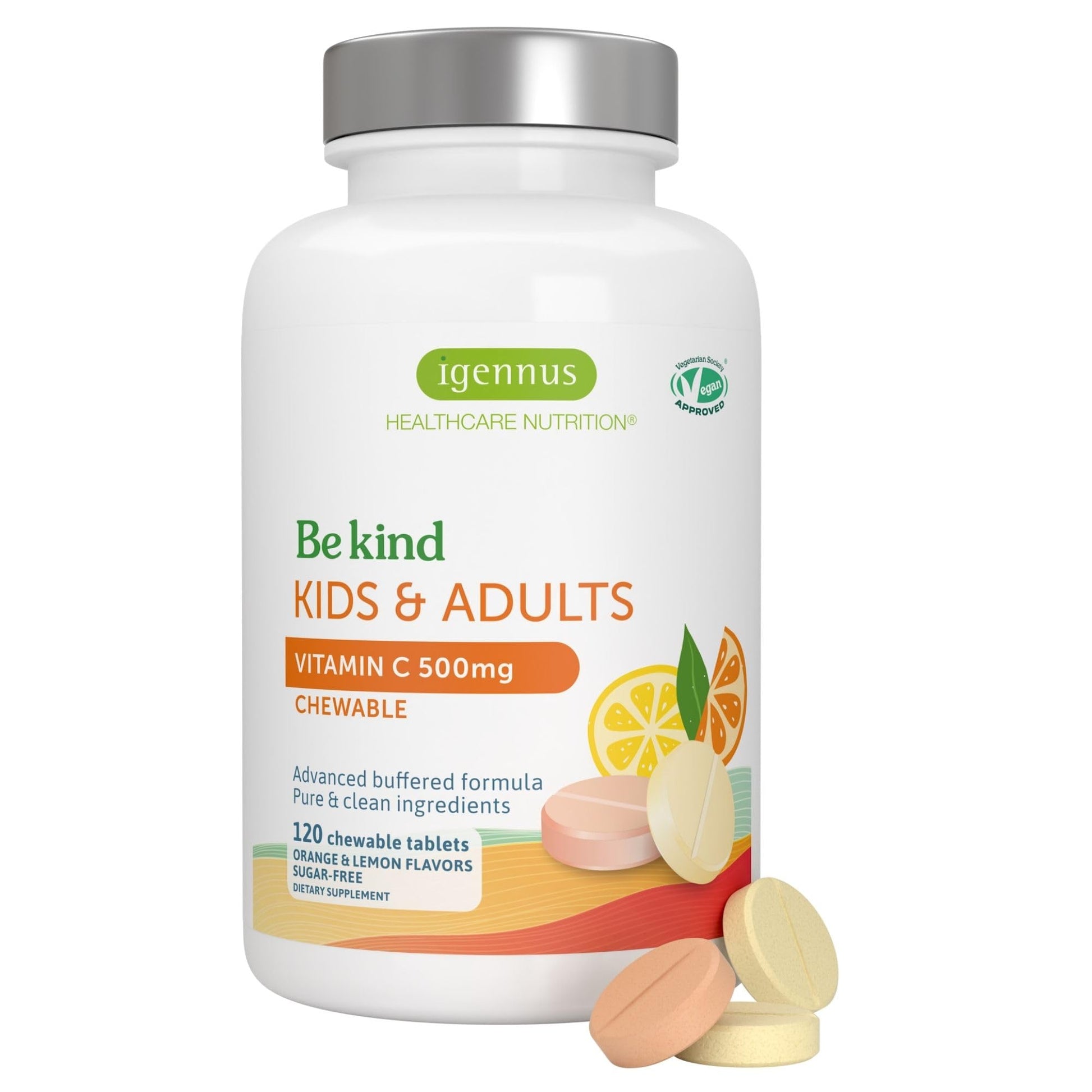 Igennus Healthcare Nutrition Vitamin C Chewable 250-500mg Gentle & Buffered for Kids & Adults, 120 Count
