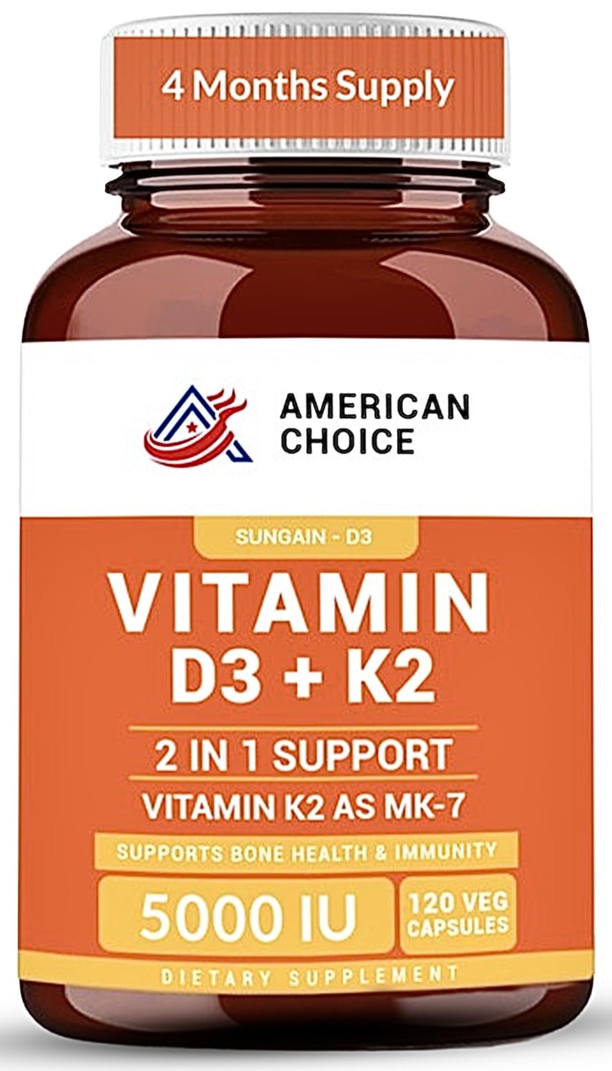 American Choice Vitamin D3 5000 IU – Enhanced Bone, Heart & Immune Support – Vitamin K2 (MK-7) 100 mcg, 120 Capsules