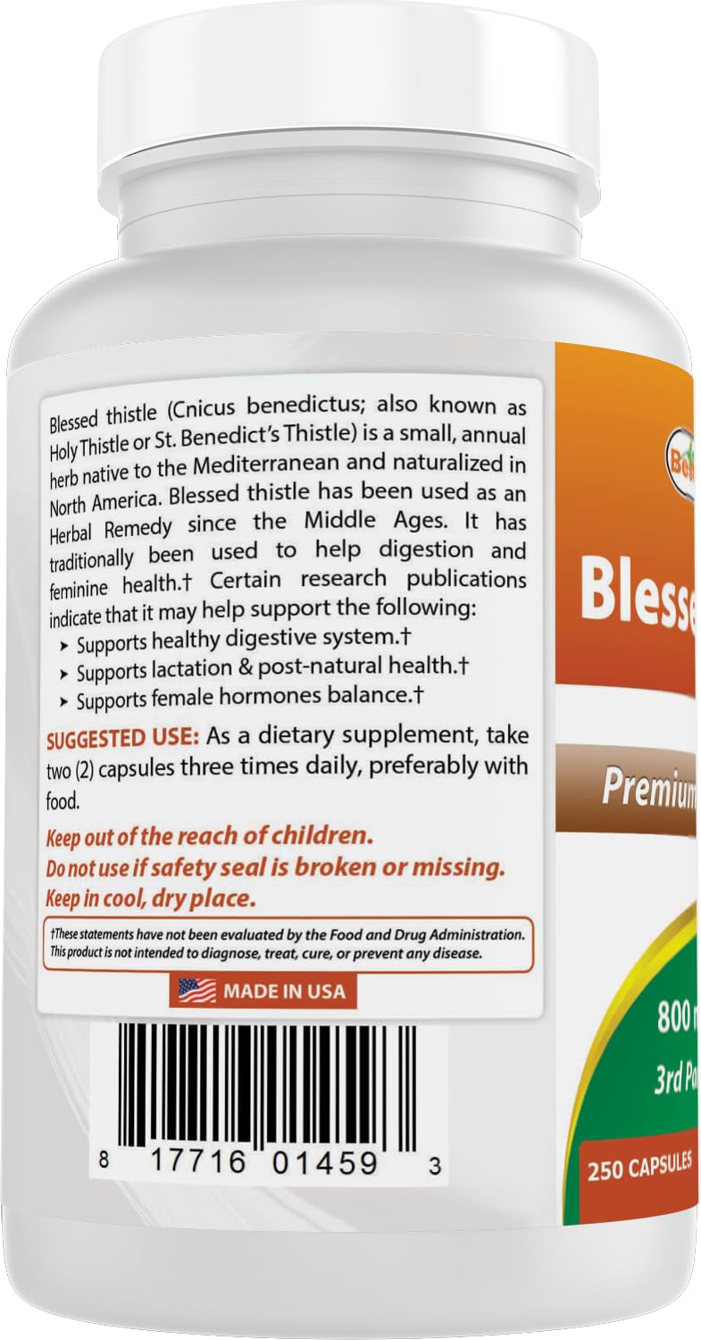 Best Naturals Blessed Thistle Breastfeeding Lactation Capsules, 800mg/Serving, 250 Count