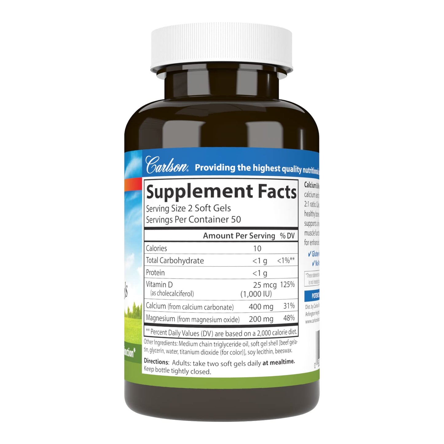 Carlson Cal-Mag Gels 2:1 Calcium to Magnesium Ratio Bone Support, Energy Production, 100 Softgels