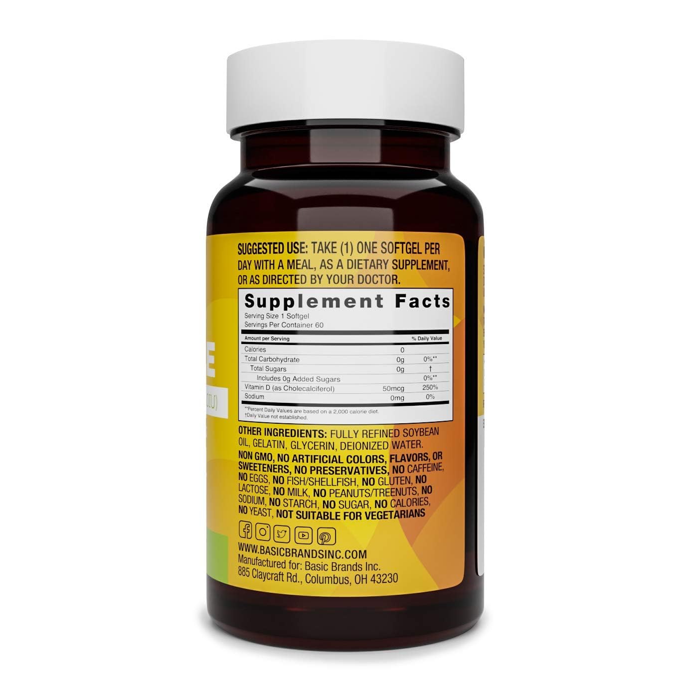 Basic Organics Happy Sunshine Vitamin D3 2000 IU (50 mcg) Softgel, 120 Count