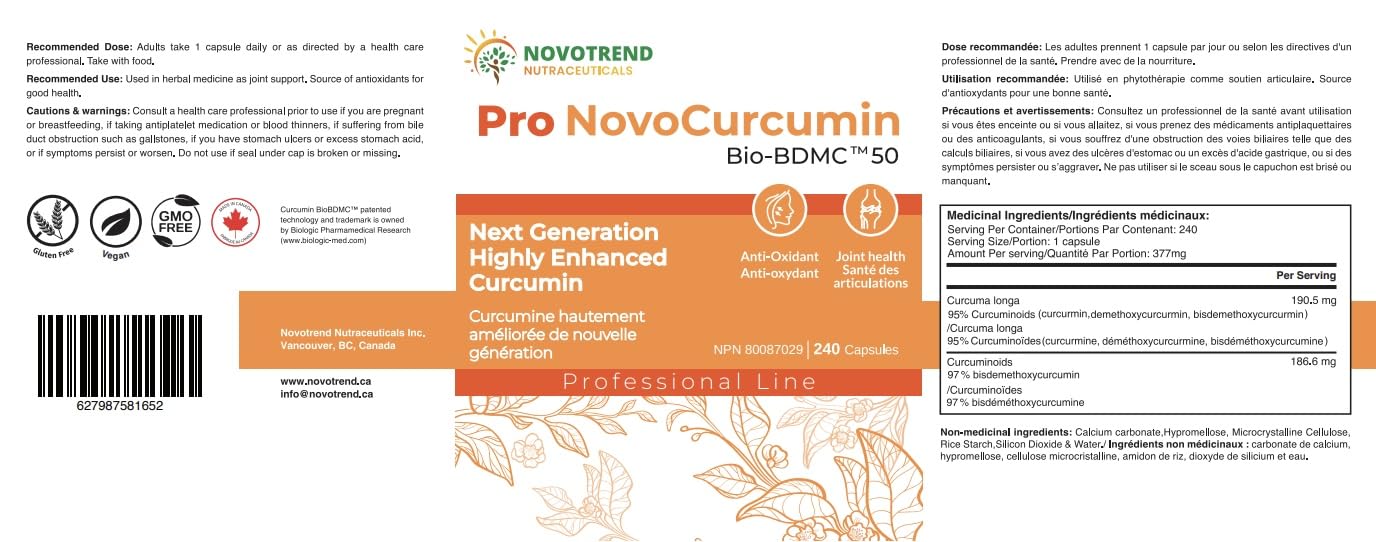BIOBDMC Pro NovoCurcumin-BioBDMC50-Next Generation Highly Enhanced Curcumin Capsules 240 Count