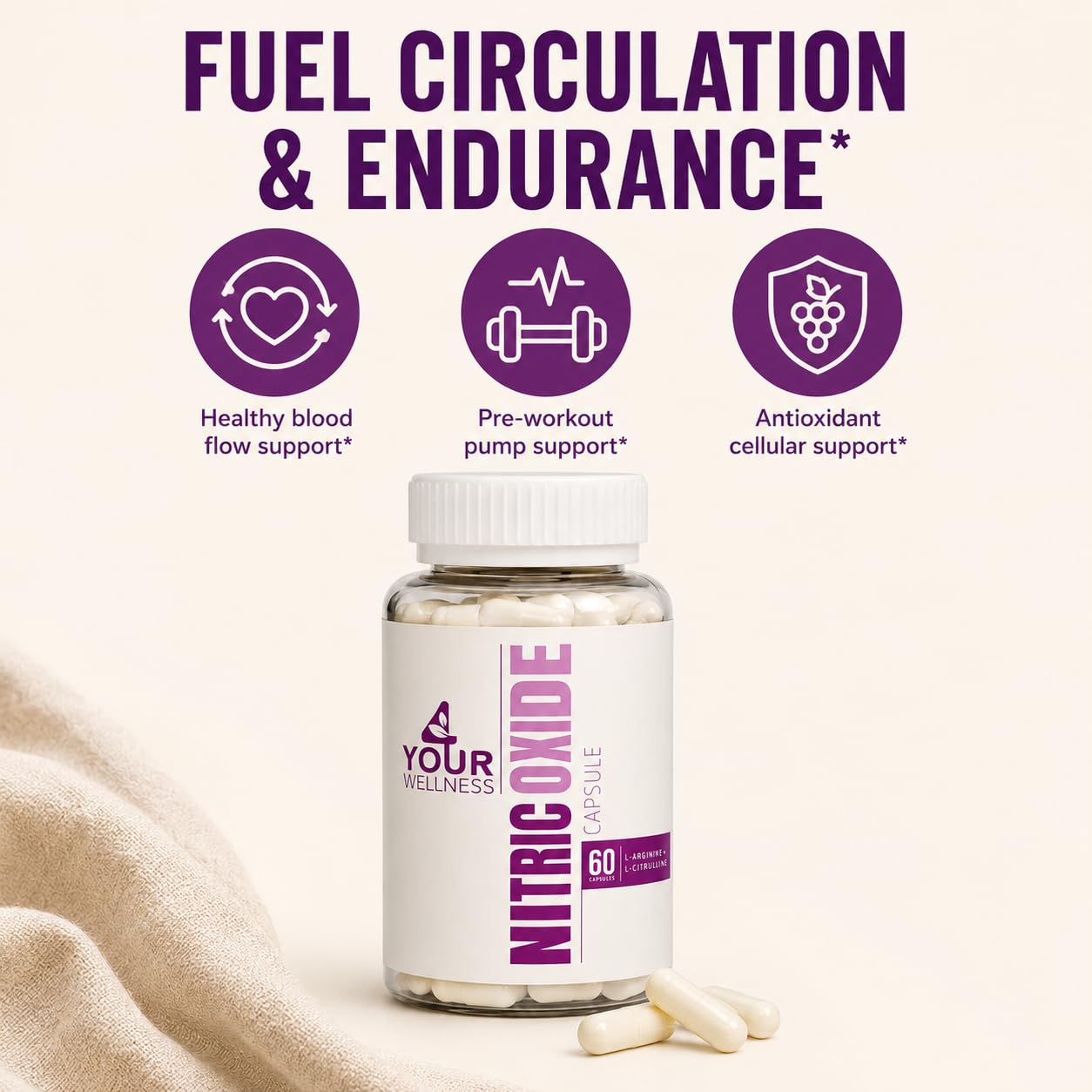 4 Your Wellness Nitric Oxide Supplement with L-Arginine & L-Citrulline for Circulation and Blood Pressure Support, Clean Energy – Vegan, Non-GMO, Kosher, Capsule, 60 Capsules