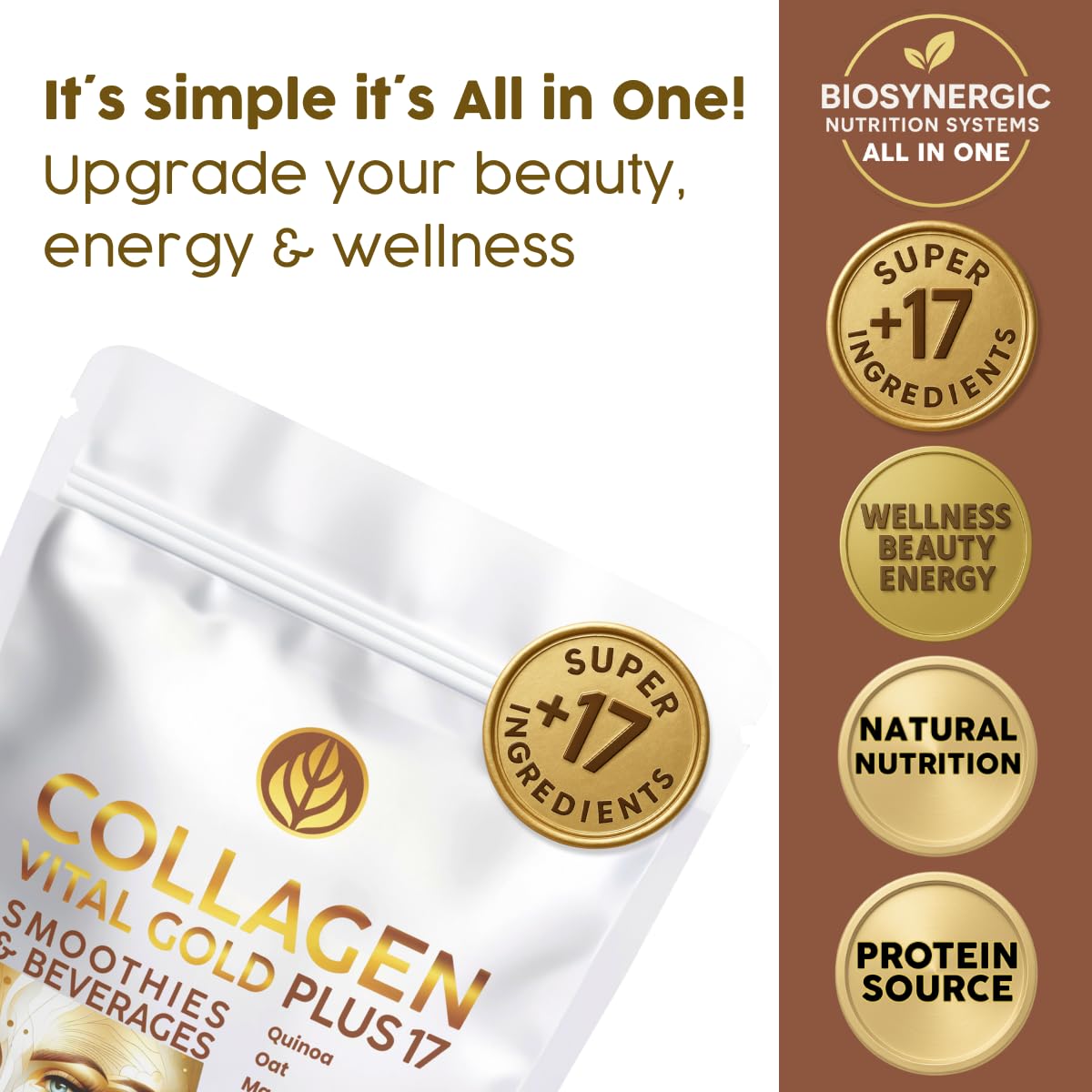 Gold Vital Life Collagen Peptides Powder - Hydrolyzed Collagen with +17 Super Ingredients, 1 lb Cocoa Flavor, Supplement for Healthy Hair, Skin, Nails, Bones, Joints, Collagen for Women & Men, 16 Servings