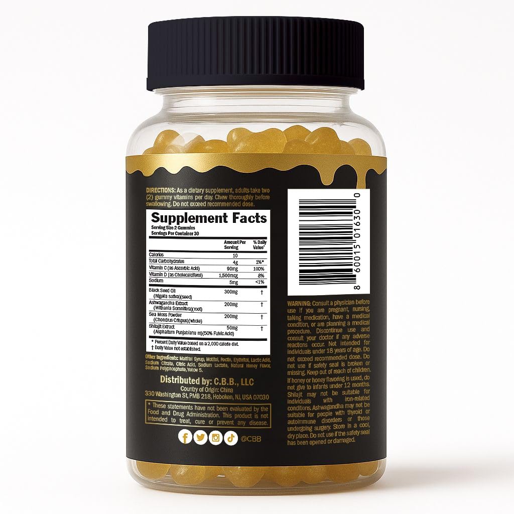 Curvy Body Bears Blackseed Bears Black Seed Oil, Shilajit, Sea Moss & Ashwagandha Gummies – Honey Flavor, 60 Gummies