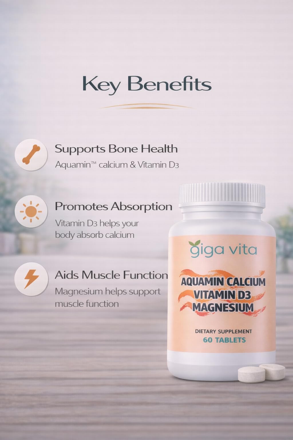 Giga Vita Aquamin Calcium with Vitamin D3 & Magnesium – Bone, Joint & Muscle Support – Plant-Based Marine Calcium from Red Algae – 60 Capsules