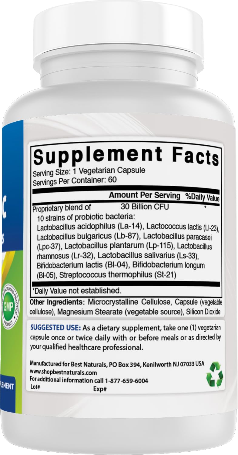 Best Naturals Probiotic 10 Strains & 30 Billion CFU Intestinal Flora, 60 Capsules