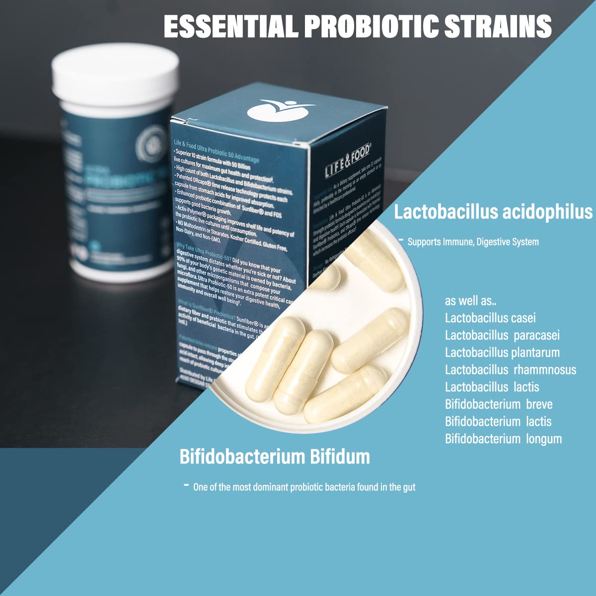 Life & Food Ultra Probiotic 50 Billion CFU with Sunfiber Prebiotics Once Daily Time Release Capsules, 60 Capsules